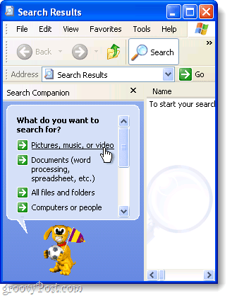разширено търсене на Windows XP
