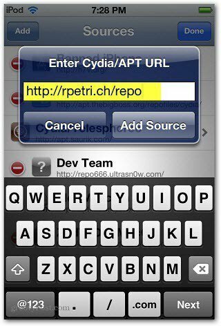 Въведете URL адрес на Cydia APT