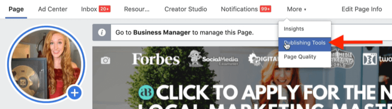 примерна facebook бизнес страница в facebook business manager с подчертана опция от менюто за публикуване