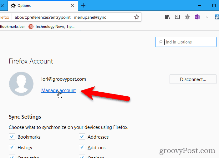 Кликнете върху Управление на акаунта в Firefox за Windows
