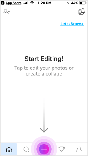 Докоснете бутона + в мобилното приложение PicsArt.