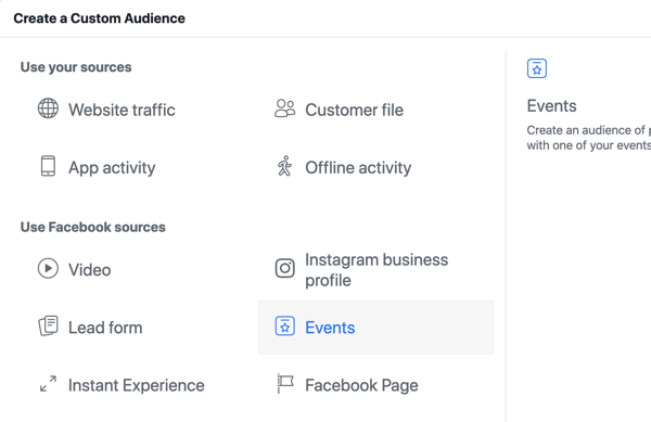Как да популяризирате вашето събитие на живо във Facebook, стъпка 10, създайте персонализирана аудитория във Facebook Ads Manager въз основа на показванията на страницата на събитието