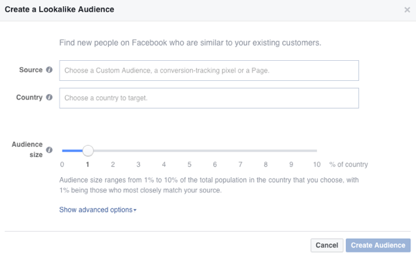 Ще видите тези опции, когато създадете подобна на Facebook аудитория.