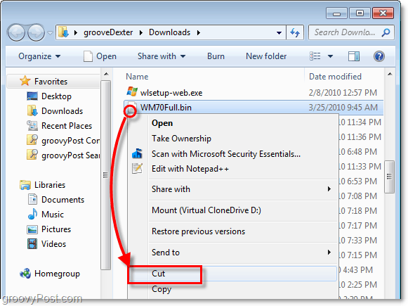 преместете отключения файл с бин в нова папка в Windows 7, като използвате cut