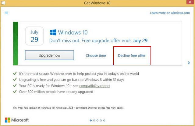 Microsoft улеснява отхвърлянето на Windows 10 Free Upgrade