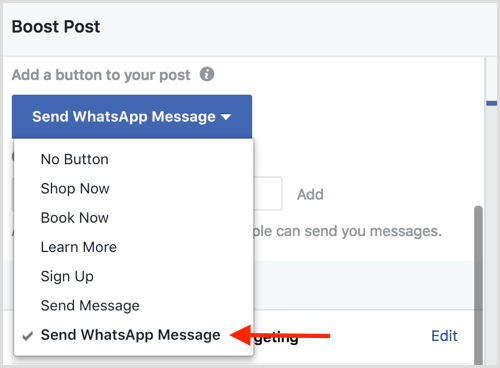 Изберете опцията Изпращане на съобщение в WhatsApp, когато активирате публикация във Facebook.