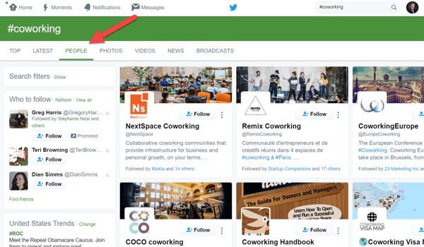 Отворете раздела Хора, за да търсите потенциални влиятелни в резултатите от търсенето си в Twitter.