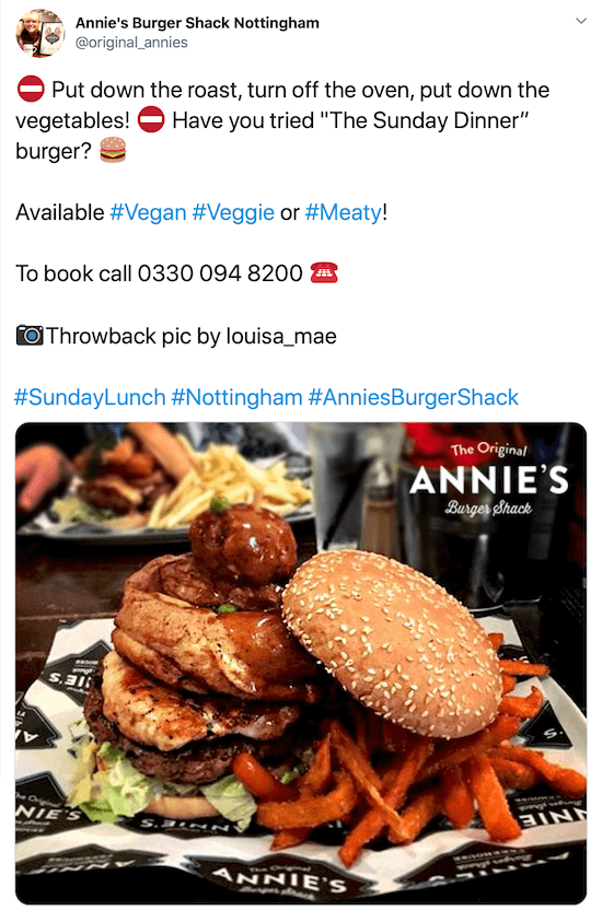 екранна снимка на публикация в Twitter от @original_annies със снимка на бургер и пържени картофи под привличащо описание, техния телефонен номер, кредит на картината и хаштагове