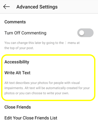 Как да добавите алтернативен текст към публикации в Instagram, стъпка 2, опция за достъпност на публикации в Instagram, за да зададете alt маркер