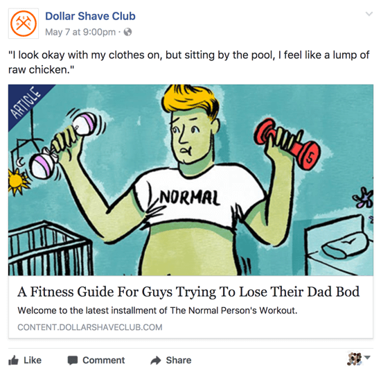Dollar Shave Club споделя подходящо и интелигентно съдържание на своята бизнес страница във Facebook.