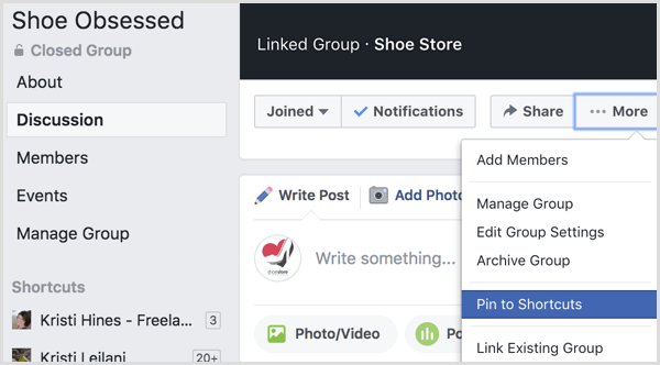 Facebook добавя група към преки пътища