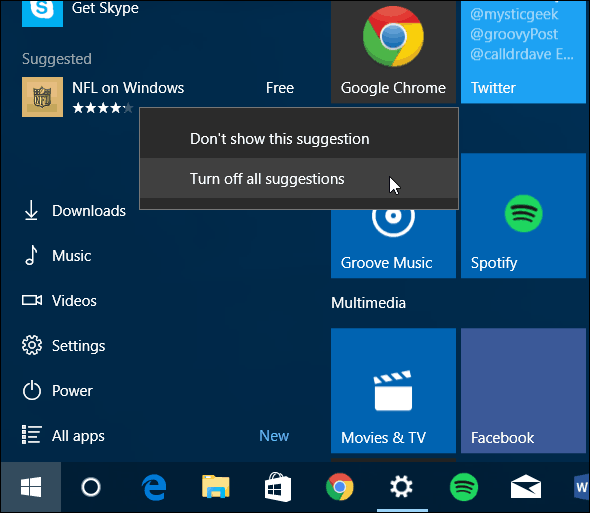 Стартово меню на Windows 10 Изключете предложените приложения