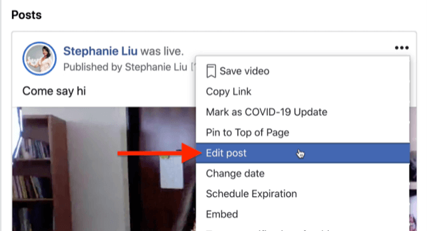 опция за редактиране на публикацията на facebook потока на живо под менюто с три точки в горния десен ъгъл на публикацията на потока