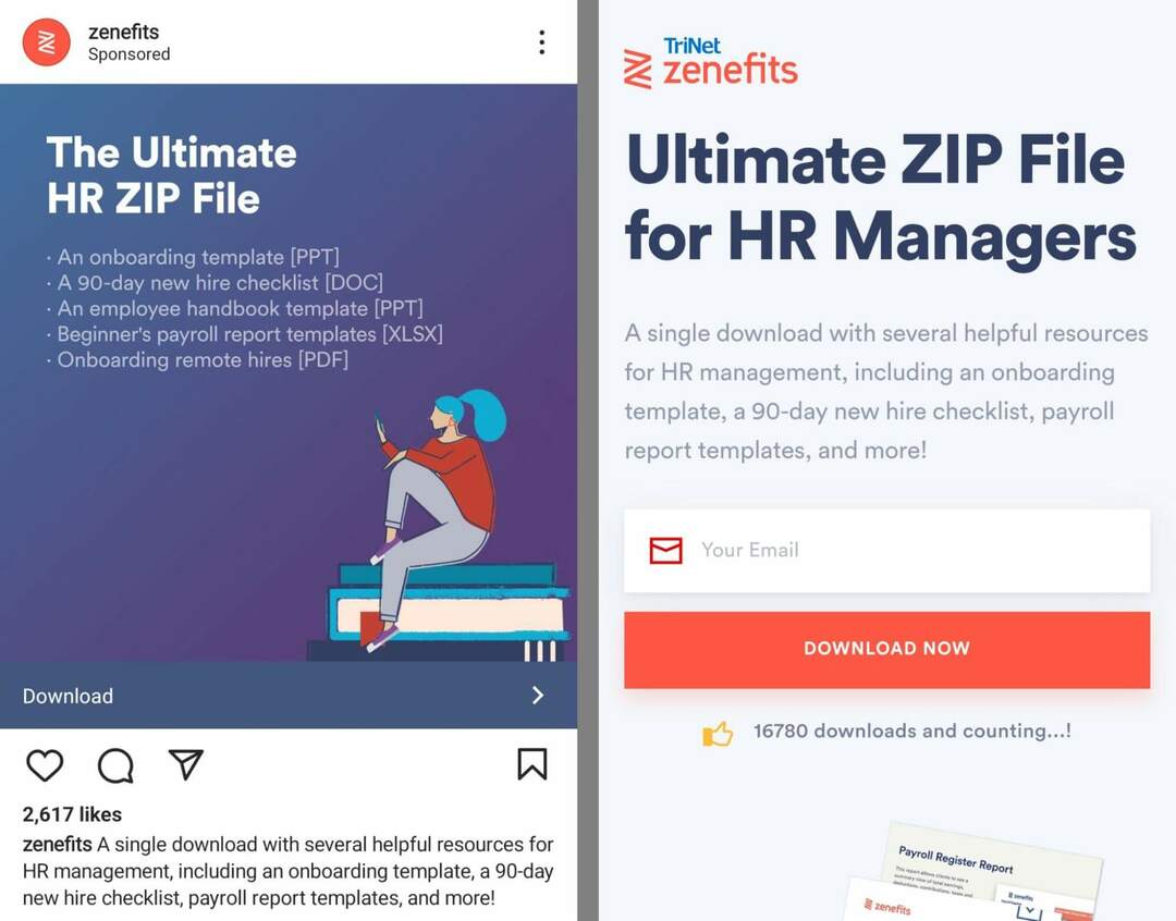 how-to-grow-your-email-list-on-instagram-using-instagram-landing-page-promotes-customer-email-download-cta-call-to-action-automatically-redirects-to-landing-page- zenefits-пример-17