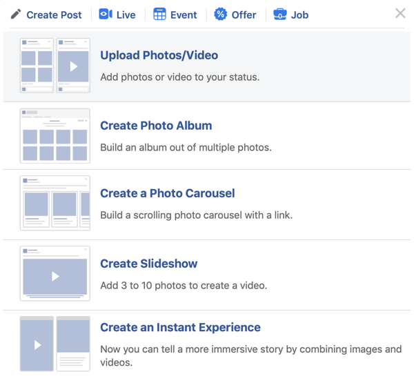 Как да настроите Facebook Premiere, стъпка 2, опция за качване на снимки / видео