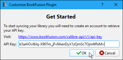 Въведете API ключа в диалоговия прозорец Персонализирайте BookFusion Plugin в Калибър