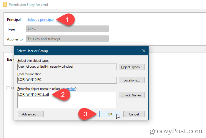 Щракнете върху Избор на главница и изберете потребител или група за разрешения в системния регистър на Windows