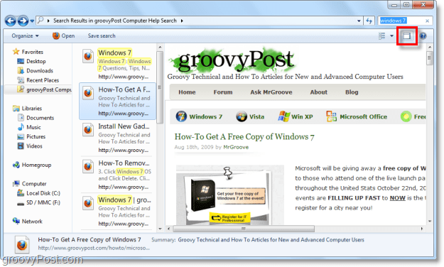 използвайте панела за визуализация на Windows 7, за да преглеждате уебсайтове чрез конектор за търсене в прозореца на Explorer