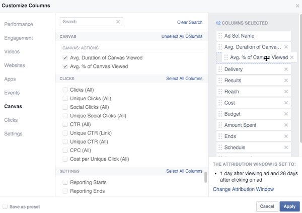 метрични опции на facebook canvas