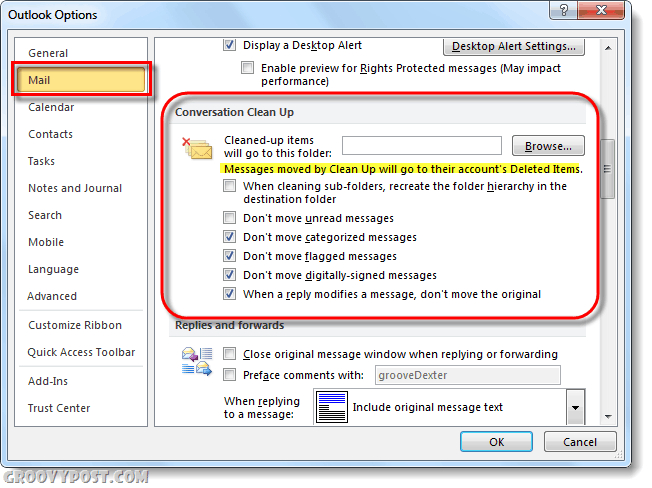 Как да почистите папки и разговори на Outlook 2010