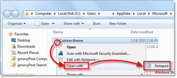 отворете Windows 7. тематичния файл с помощта на тефтер или друг четец на текст