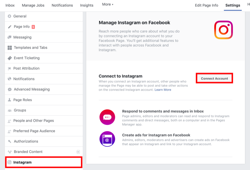 как да свържете Facebook страница с бизнес акаунт в Instagram в настройките на Facebook страницата