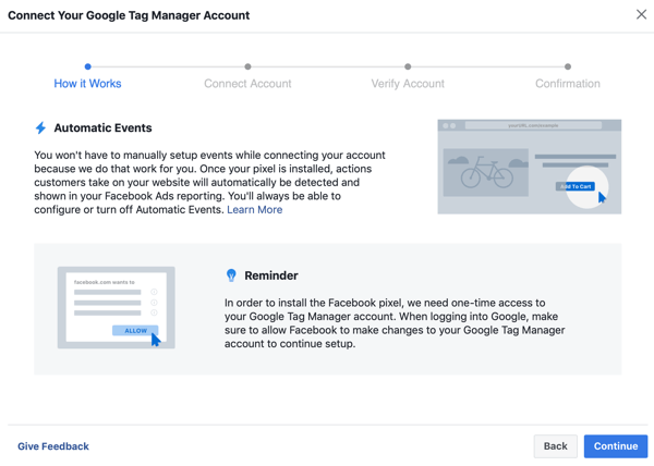 Използвайте Google Tag Manager с Facebook, стъпка 6, бутон за продължаване, когато свързвате Google Tag Manager с вашия Facebook акаунт