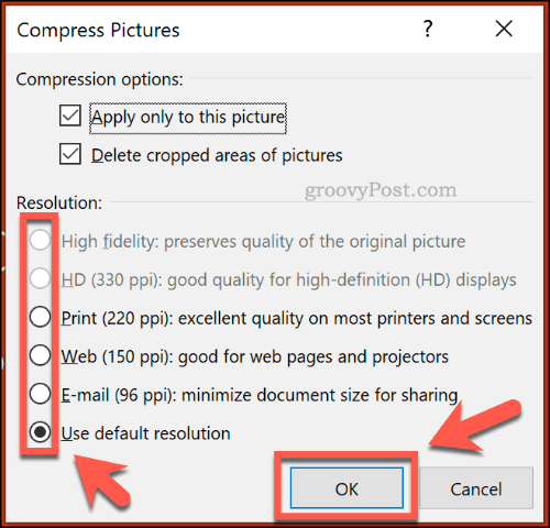 Опции за компресиране на снимки в PowerPoint