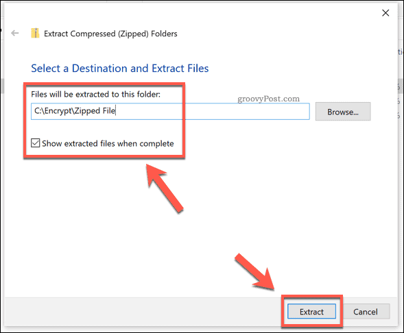 Опциите за извличане за zip файл на Windows