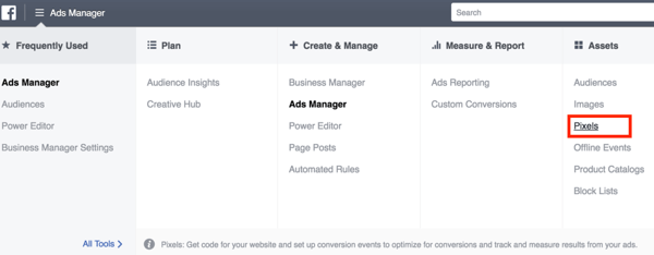 За да настроите пиксела във Facebook, отворете Ads Manager, за да го изберете.