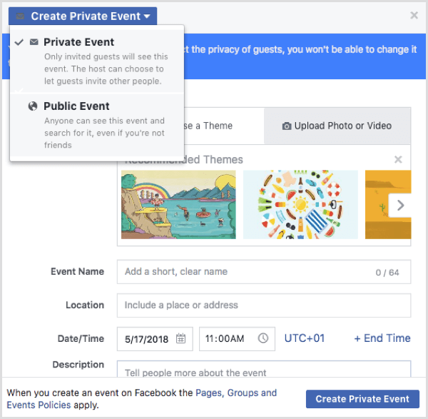 Опции за събитие във Facebook при създаване на събитие от профил във Facebook
