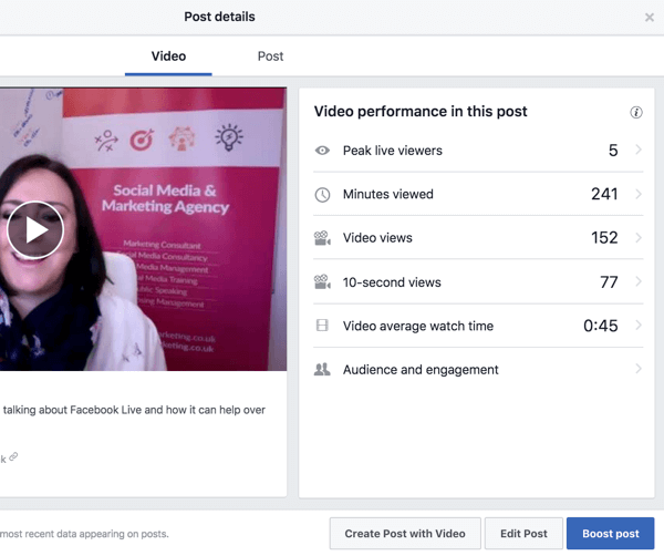 Изберете видеоклип във вашата видео библиотека във Facebook, за да видите показателите за ефективност.