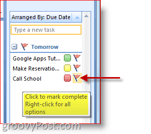 Лента със задачи на Outlook 2007 - щракнете върху флага на задачата, за да маркирате завършена