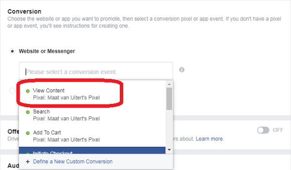 Ако сте избрали „Реализации“ като цел на рекламата си във Facebook Messenger, изберете събитие за реализация.
