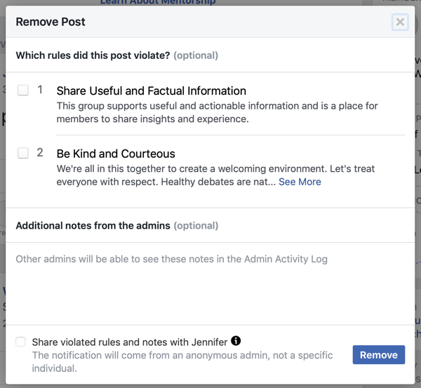 Как да подобрите вашата общност във Facebook група, пример за опция на Facebook, за да идентифицирате кои правила / правила е нарушила публикация, както и опция за уведомяване на члена