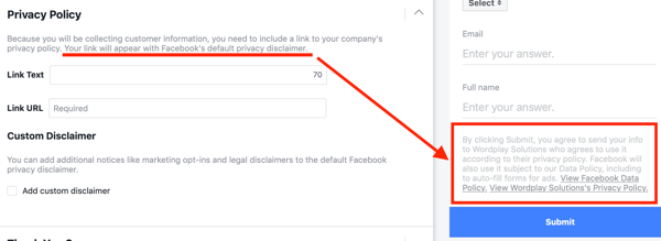 Пример за политика за поверителност, включена в опциите на водеща рекламна кампания на Facebook.