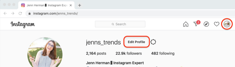 екранна снимка на потребителски профил в Instagram с маркиран бутон „редактиране на профил“