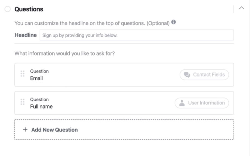 Раздел с въпроси на процеса за настройка на формуляр за олово във Facebook