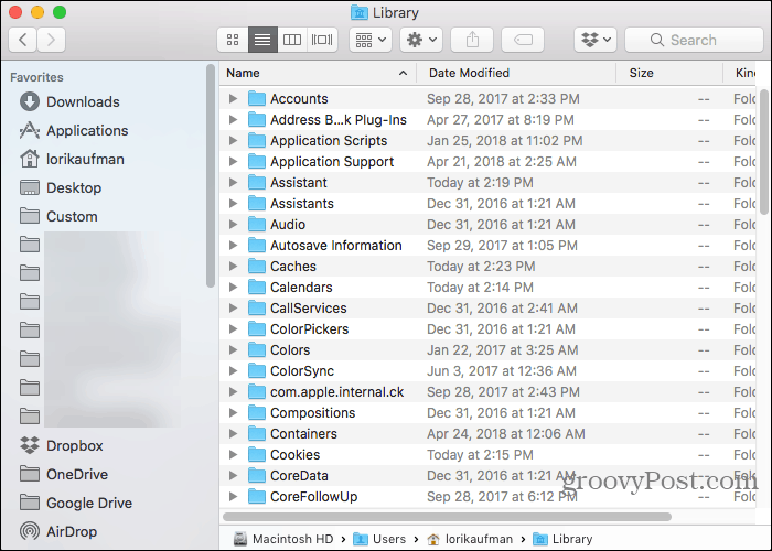 Папка библиотека в папка Начало в Finder на Mac