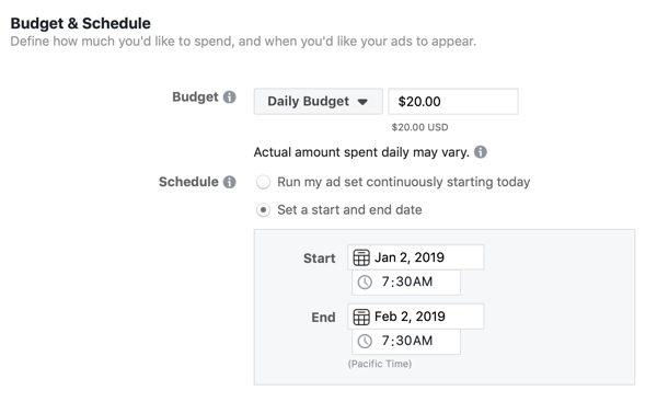 Опции за бюджет и график за водеща рекламна кампания във Facebook.