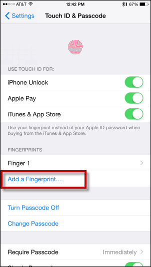 Докоснете Добавяне на пръстов отпечатък - Добавяне на пръстов отпечатък за Touch ID