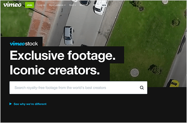 Това е екранна снимка на уебсайта на Vimeo Stock. В горния ляв ъгъл е името Vimeo, зелен бутон с етикет „Присъединяване“ и следните опции: Вход, Хостови видеоклипове, Продажба, Гледане, Запас (ново). Във фона се появява въздушно изображение на улица с шофиращи коли и зелен пешеходен остров. Следният текст се появява на черен фон, който прилича на правоъгълници, подредени в долния ляв ъгъл: „Ексклузивни кадри на Vimeo Stock. Емблематични създатели. " Под този текст има бяло поле за търсене. В малък син текст под полето за търсене има връзка, която казва „Вижте защо сме различни“.