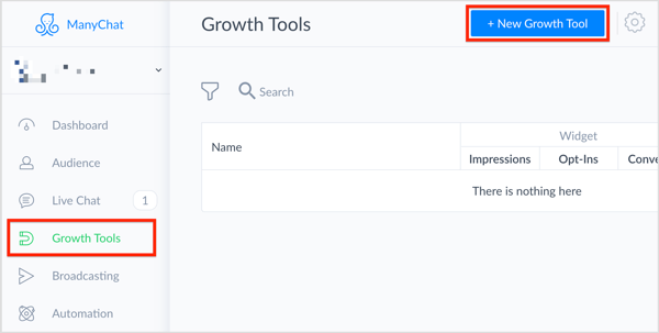 В ManyChat изберете Growth Tools отляво и кликнете върху бутона + New Growth Tool в горния десен ъгъл.