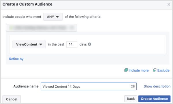 Изберете опции за създаване на уебсайт за потребителска аудитория във Facebook въз основа на събитието ViewContent 