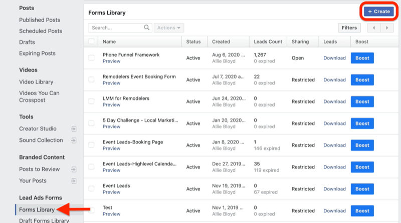 меню за инструменти за публикуване на facebook бизнес мениджър с маркирана библиотека с формуляри под водещи рекламни формуляри с маркиран бутон за създаване