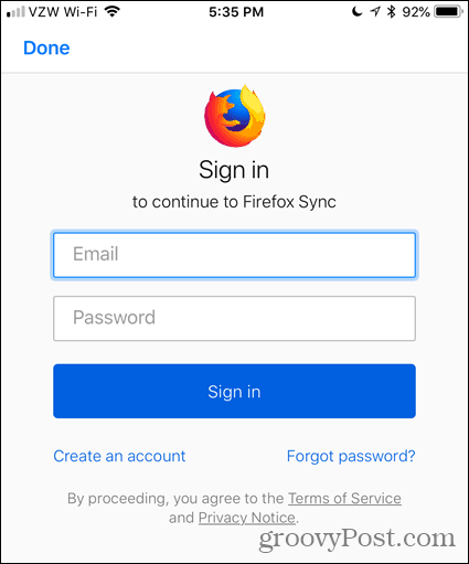 Въведете своя имейл и парола в Firefox за iOS