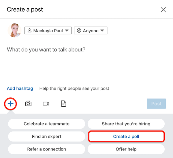 LinkedIn Диалогов прозорец Създаване на публикация с опция Създаване на анкета
