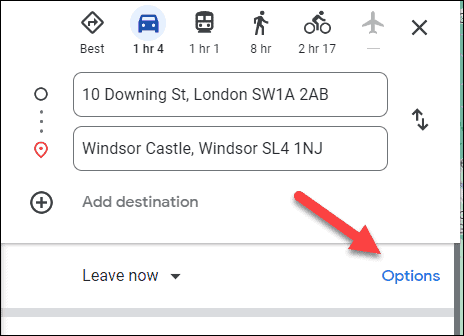 Опции за упътвания в Google Maps