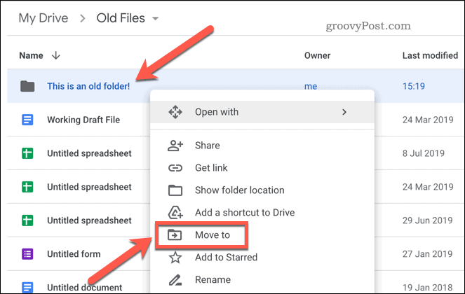 Преместване на папка в Google Drive
