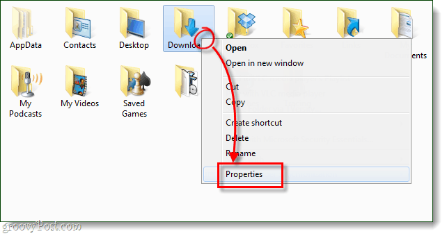свойства на папката на Windows за изтегляния